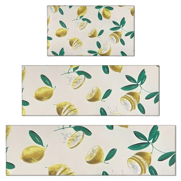 Yellow Lemon Fruit Slices Beige Pattern Kitchen Rugs Sets Of 3,Kitchen Runner Rugs Non Skid Washable,Decorative Kitchen Floor Mats for Kitchen,Sink,Laundry,17"x30" 17"x47" 17"x59"