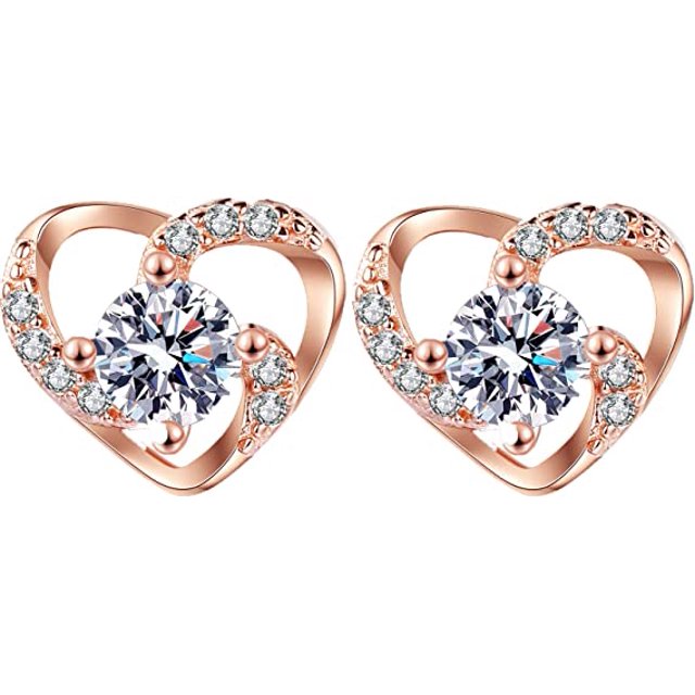 Pendientes JAMW Sencillez Plata de Ley 925 Corazón Circonitas Oro Rosa