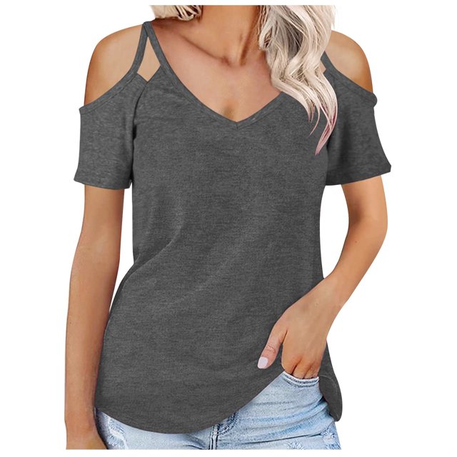 Camiseta de manga corta sólida de verano para mujer con hombros descubiertos y cuello en V informal con cordones OAVQHLG3B Store lin121212