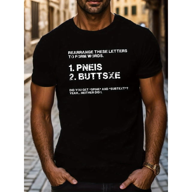 Men's Casual Crew Neck T-Shirt, Geometric Pattern, Regular Fit, with Rearrange These Letters to Form Words Print, for All-Season TopFather's Day, Mother's Day, New Year, Spring Festival, Valentine's