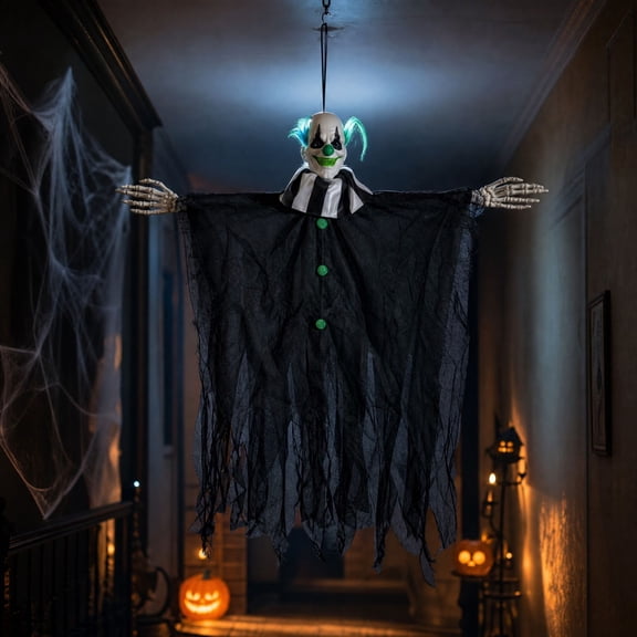 Hanging Clown Decoration with Green and Tattered Black Fabric, for Outdoor and Indoor Haunted House, Scary Halloween Decor