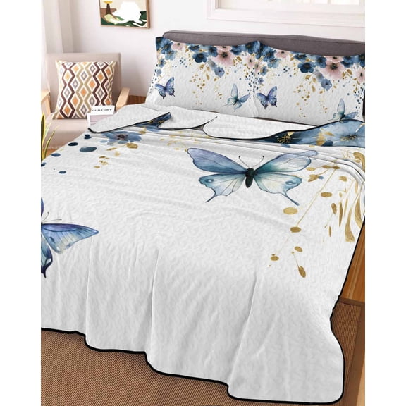 Navy Blue Spring Floral Queen Size Down Alternative Comforter, Lightweight Comforter Quilt Bedding Set with Pillow Shams Farmhouse Butterfly Watercolor All Seasons Bed Comforter Duvet Insert 90"x96"
