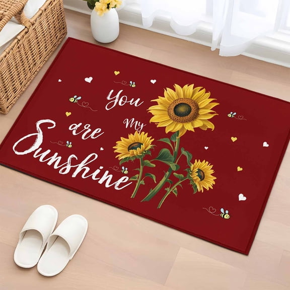 Rectangle Area Rug 2x3ft,Farm Sunflower Floral Watercolor Red Washable Carpet Non-Slip Runner Accent Rugs Indoor Floor Mat for Bedroom Living Room Decor,Bee You Are My Sunshine