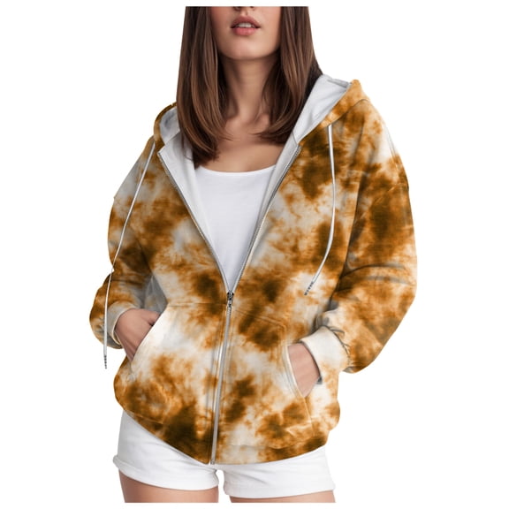 felwors Women's Tie-Dye Oversized Zip Up Hoodie Jacket Cotton Fleece Lined with Pockets Brown for Size M