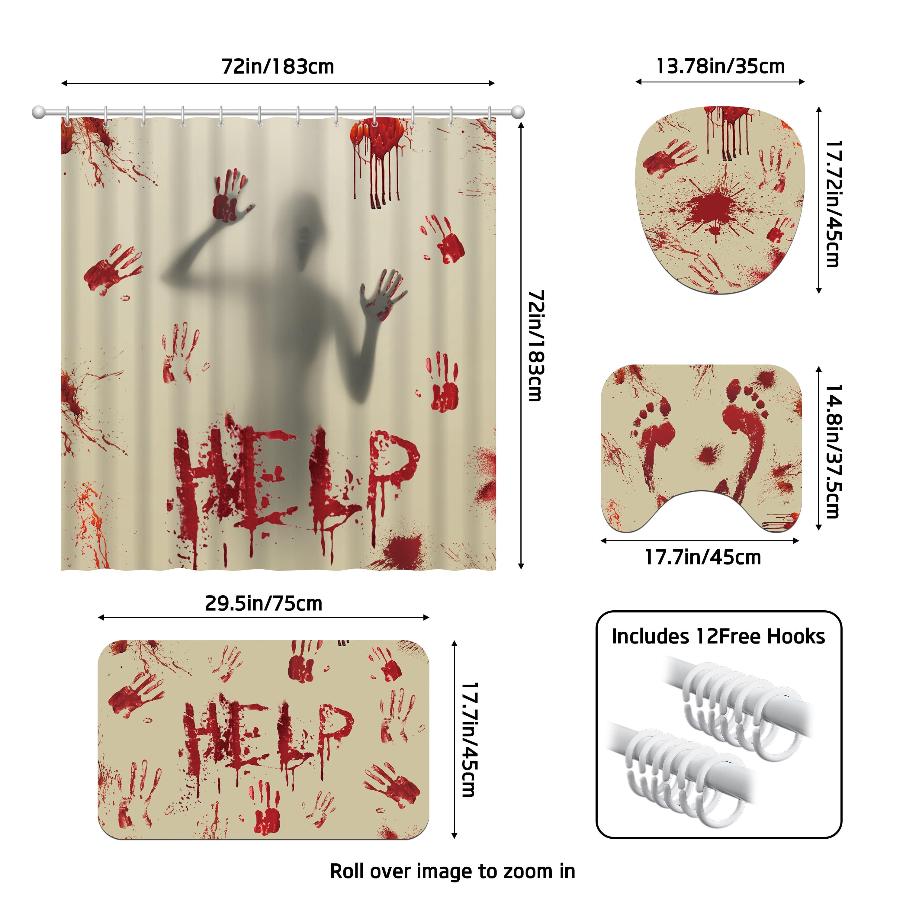 4pcs Halloween Shower Curtain Set Help Me Bloody Hands Horror Bathroom Curtain & Bathtub Decor Waterproof Fabric with 12 Hooks