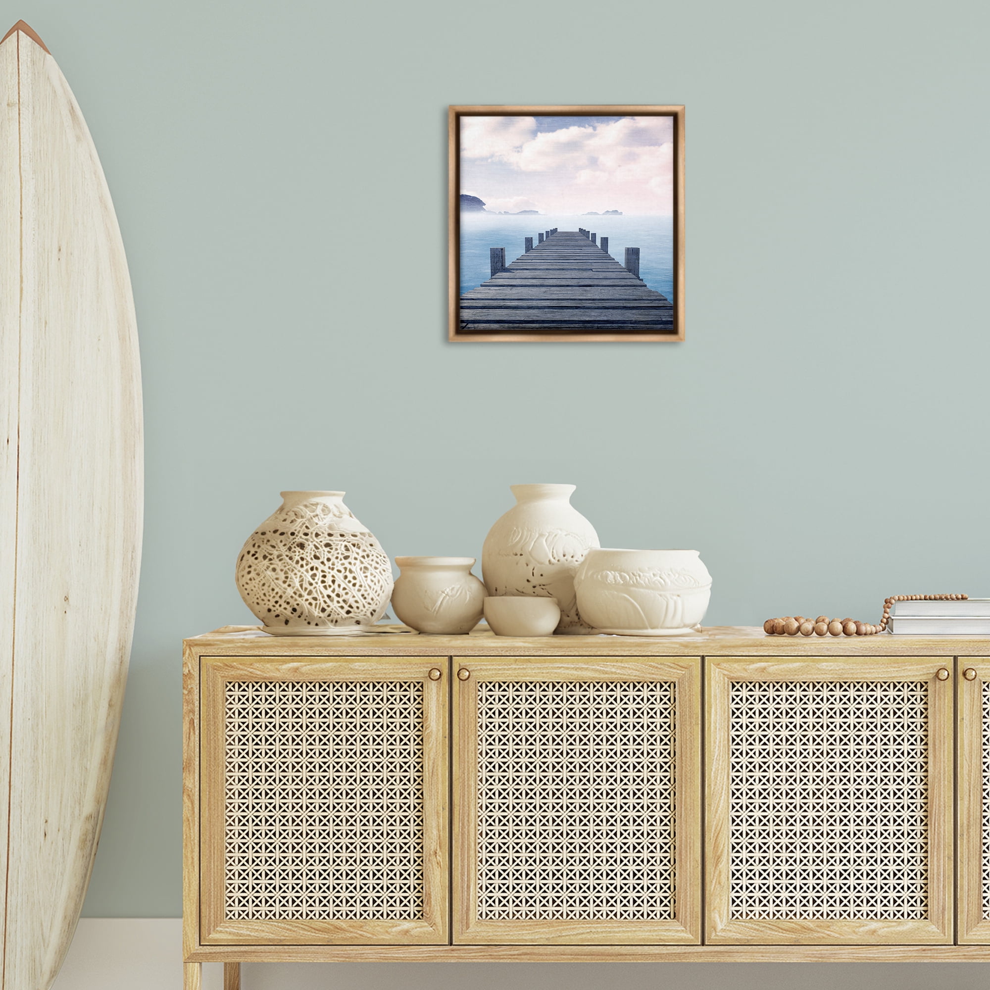 Stupell Industries Clouds over Sea Dock Nautical & Beach Painting Brown Floater Framed Canvas Art Print Wall Art, 18 x 18