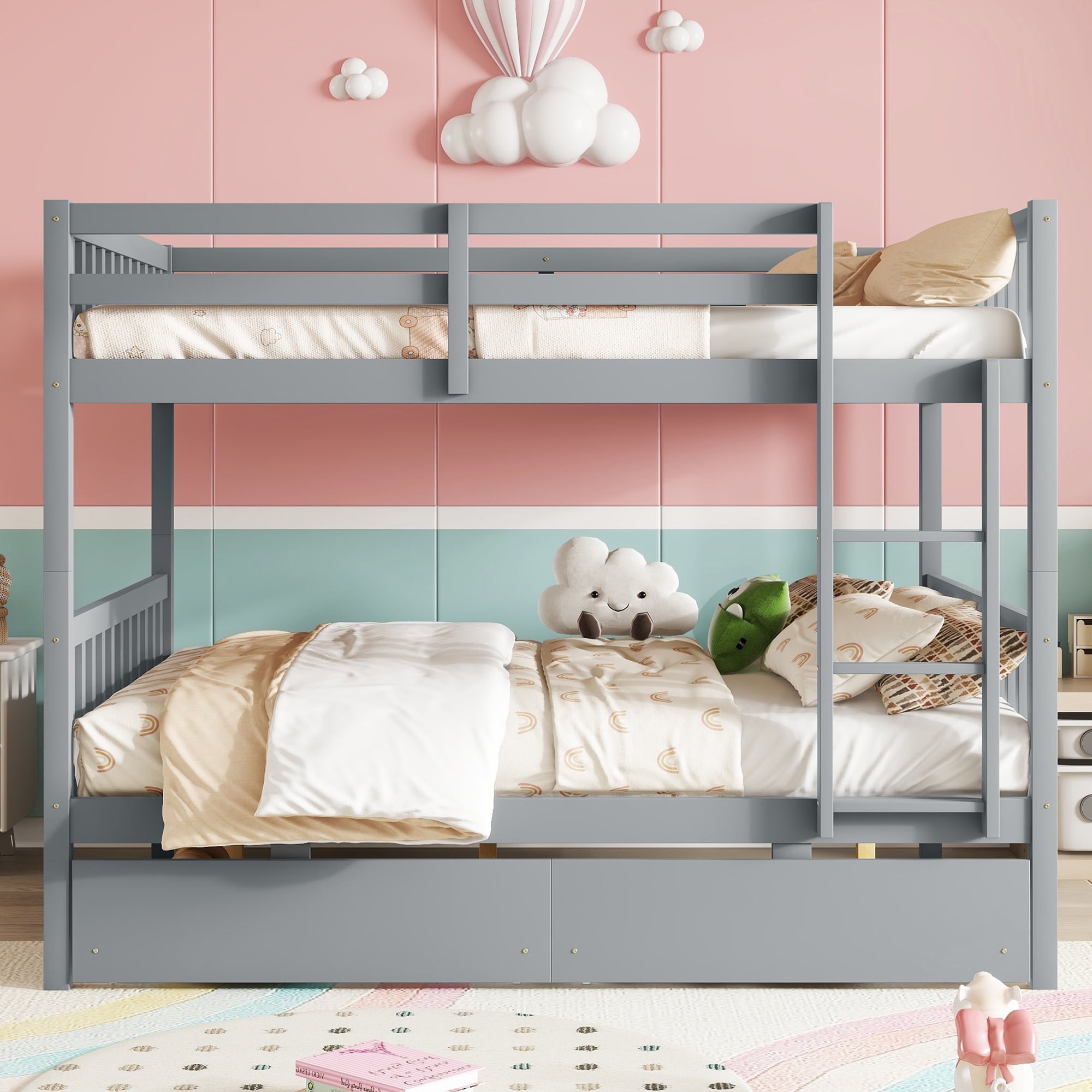 Sailvan full Over full Rubber Wood Bunk Bed with 2 Drawers, Convertible into 2 full Beds with Ladder