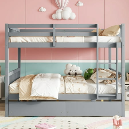full Over full Rubber Wood Bunk Bed with 2 Drawers, Convertible into 2 full Beds, full Size Bunk Bed with Ladder and Safety Guardrails ,Grey