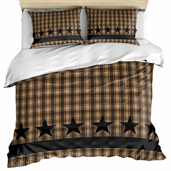 Brown Black Plaid Bedding 3 Piece Duvet Cover Set Queen Size, Vintage Rustic Star Buffalo Check Soft Microfiber Comforter Cover with Zipper Closure & Pillowcases, Wrinkle & FadeResistant Quilt Cover
