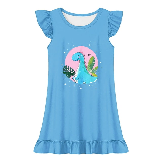 Robe de Fille avec Dessin Animé, Manches Volantées, Col Rond, Tenue de Fête d'Anniversaire, Bleu, 5-6 Ans