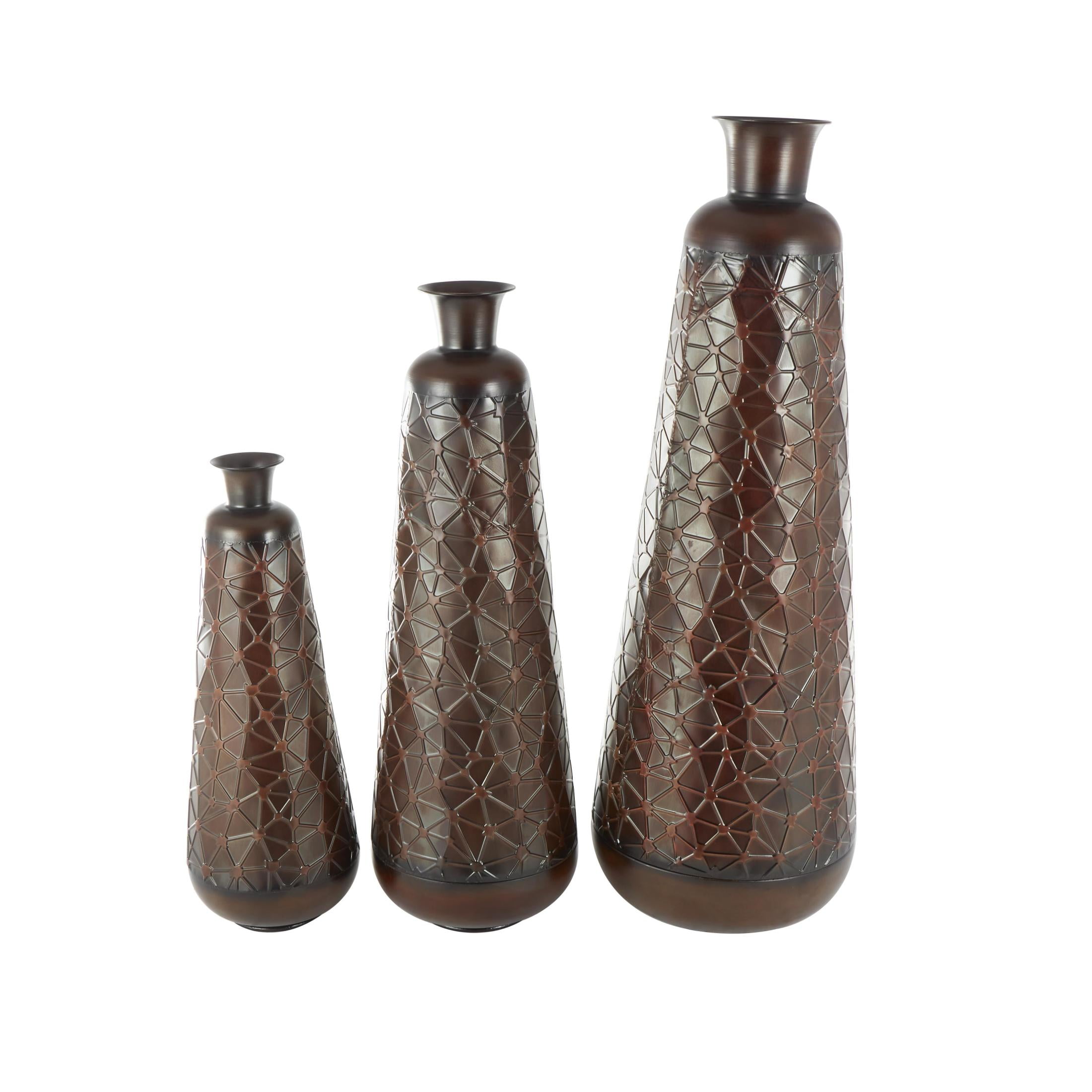 DecMode 53", 43", 32"H Tall Teardrop Shaped Dark Brown Metal Vase with Brown Trumpet Tops, Set of 3