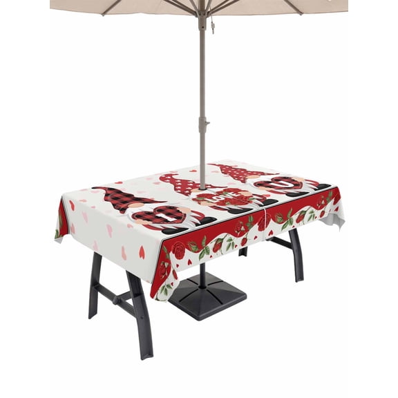 Outdoor Tablecloth with Umbrella Hole and Zipper, Valentine's Day Rectangle Table Cloth 52x70 Inch Waterproof Tablecloth, Love Heart Roses Gnomes Romantic Picnic Table Cover for Patio Camping