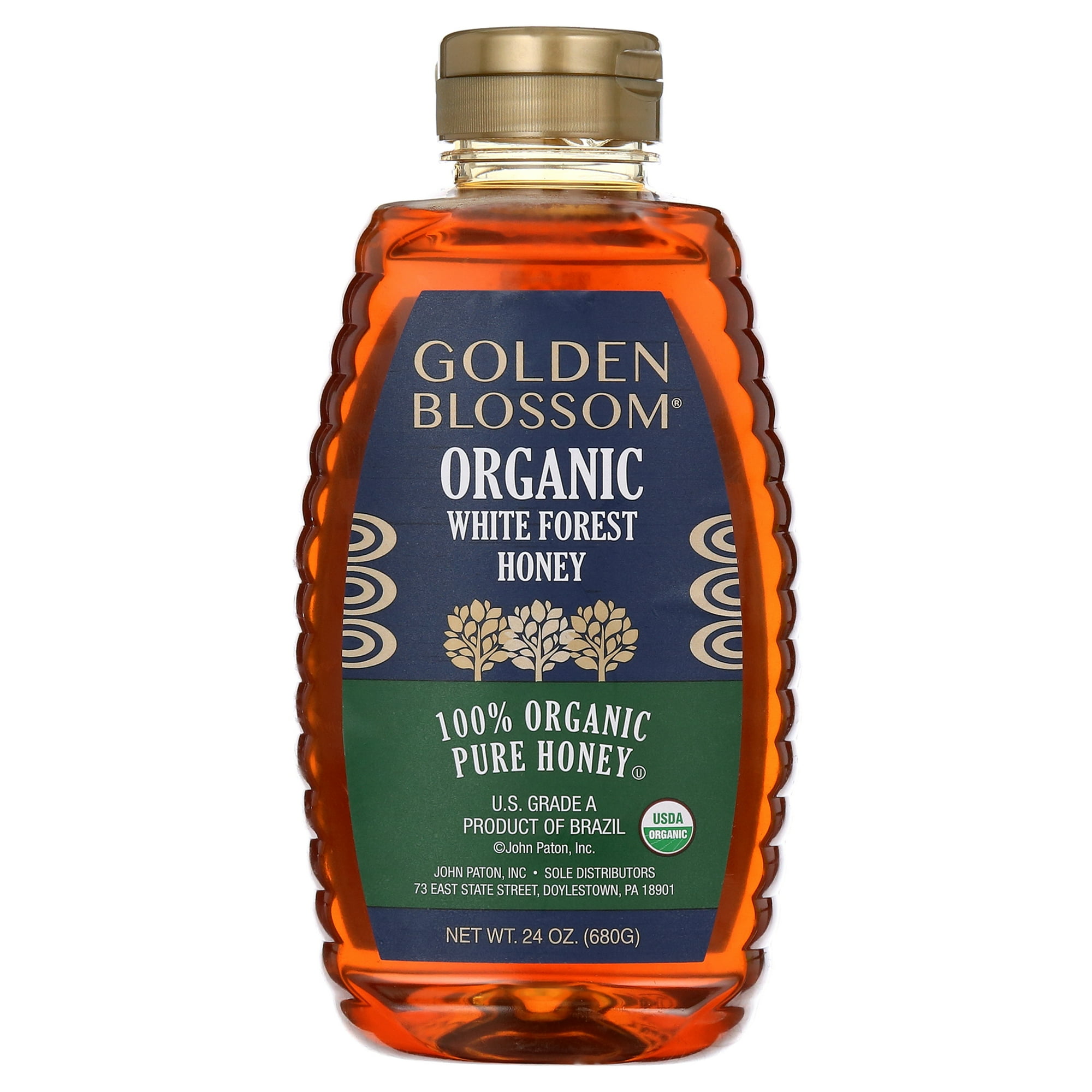 Golden Blossom Organic Honey: 100% Unfiltered Honey Imported from Brazil 24oz bottle Gluten-Free Packaged in a Peanut Free and Tree-Nut Free Facility.