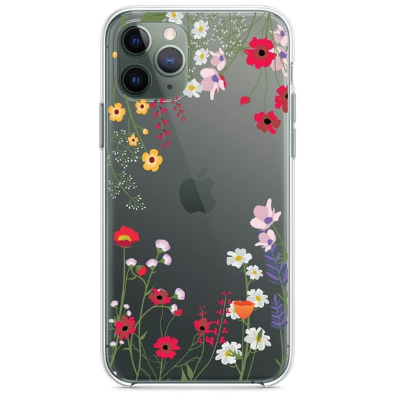 DistinctInk Clear Shockproof Hybrid Case for iPhone 11 (6.1" Screen) - TPU Bumper Acrylic Back Tempered Glass Screen Protector - Wildflowers Border Blue Pink Purple