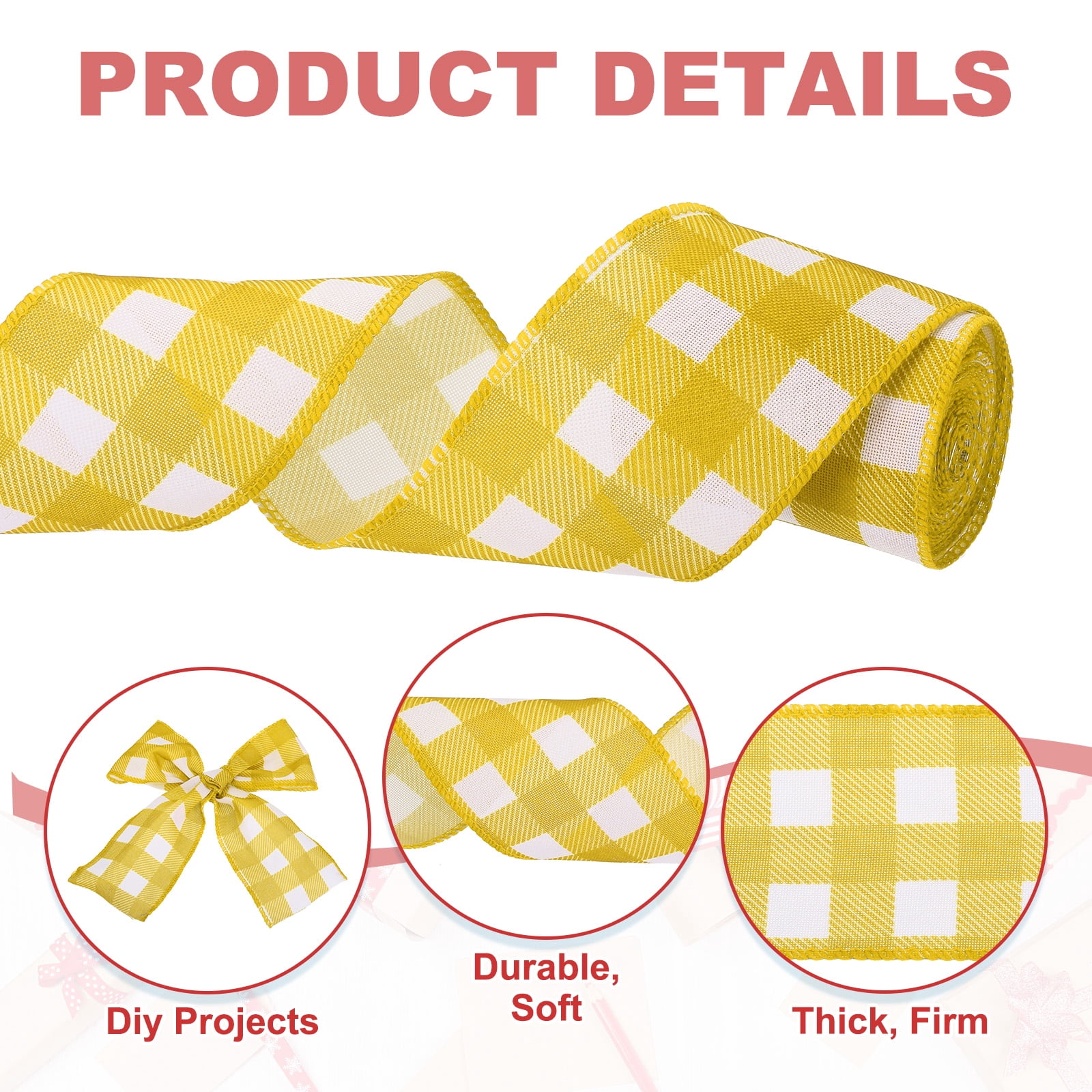 Uxcell 30 Yards x 2.5" Buffalo Plaid Ribbon, Yellow and White Gingham Ribbon for Thanksgiving Bow Wreath Craft