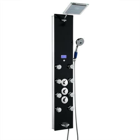 AKDY SP0065 Black Finish Tempered Glass Wall Mount Multi-Function Thermostatic Control Shower Panel Tower
