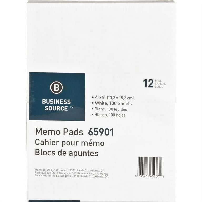 Business Source Plain Memo Pads - 100 Sheets - Plain - Glued - Unruled - 15 lb Basis Weight - 4 Business Source Plain Memo Pads - 100 Sheets - Plain - Glued - Unruled - 15 lb Basis Weight - 4