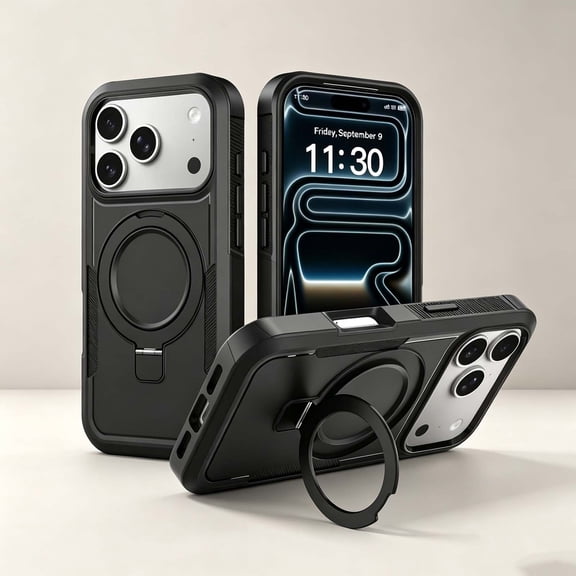 For iPhone 17 Pro Max Phone Case,2-in-1 Heavy Duty PC TPU Hybrid Protection,With Contractile Ring Kickstand,Shockproof Non-Slip Drop Protection,Rugged Durable Magnetic Phone Case,Black