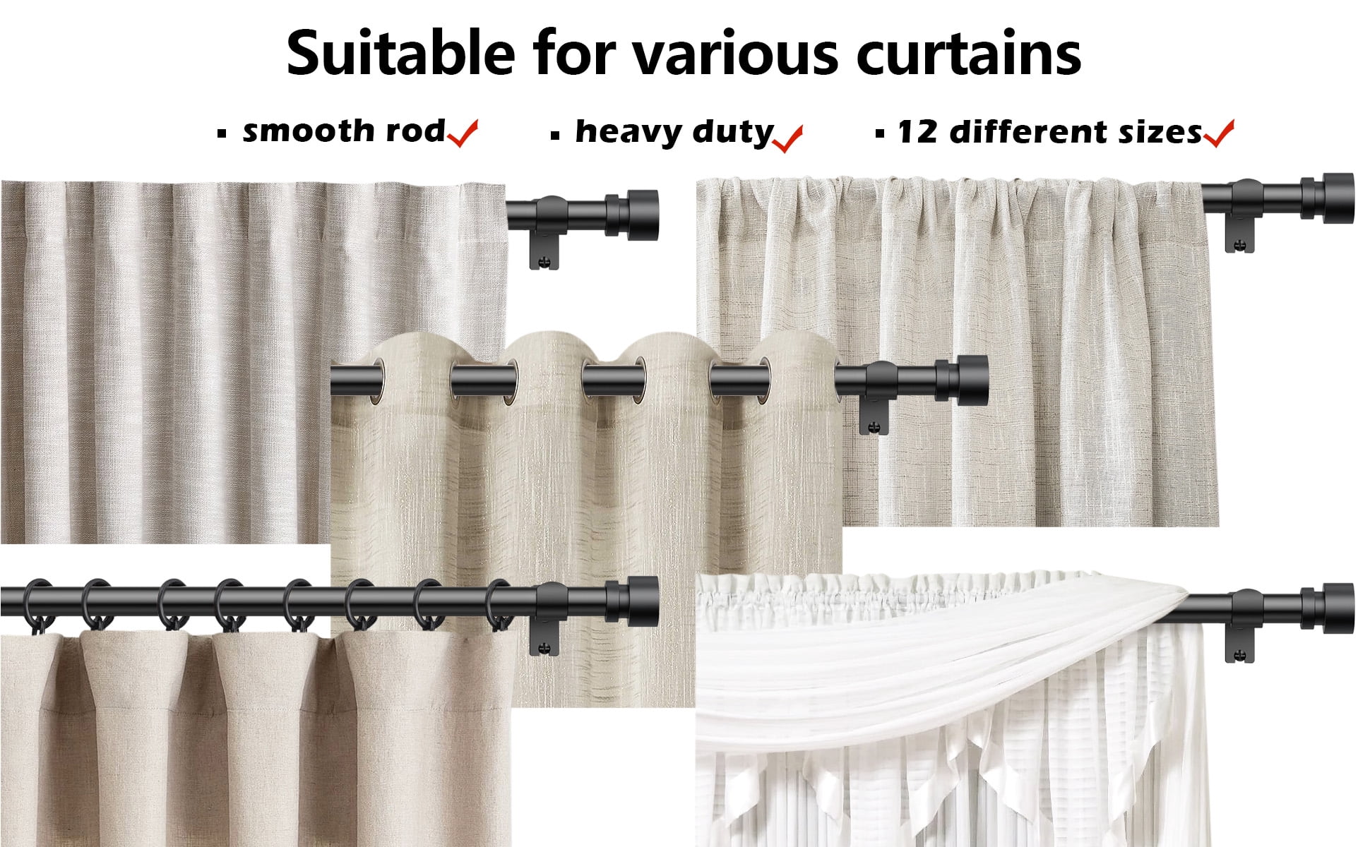 BloomFlower Curtain Rods 18-92 inch, for Window 84 Inch, Adjustable Length Heavy Duty Diameter 7/8 inch, Modern Finials, Black