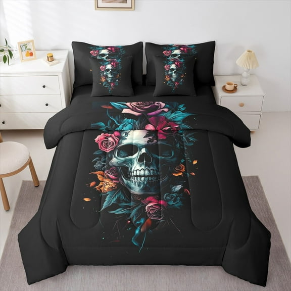 Manfei Gothic Skull 7-Piece Twin Bedding Sets,Colorful Flower Floral Bedding Comforter Set,Happy Halloween Sheet Sets For Boys Girl,Microfiber Bedroom Decor Reversible
