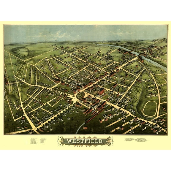 Historic Panoramic View - Westfield Massachusetts - Bailey 1875 - Vintage Wall Art