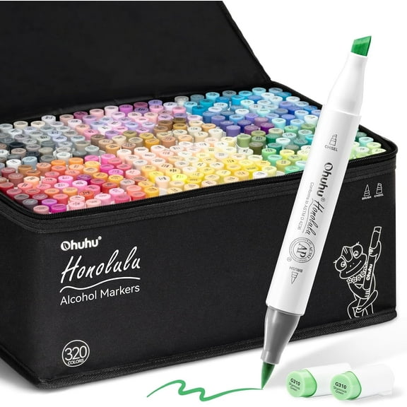 Ohuhu Alcohol Markers Brush Tip - 320-color Double Tipped Art Sketch Marker Set for Artists Adults Coloring Illustration -Brush & Chisel Dual Tips - Honolulu Series - New Color Codes