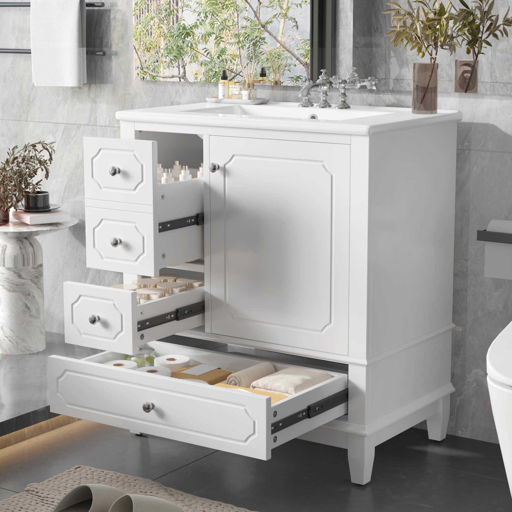MAYEERTY 30" Bathroom Vanity with Sink, Freestanding Cabinet Ceramic Basin Solid Wood Frame Soft-Close Door 3 Drawers Painted MDF Rubber Wood, Storage Shelves Included, White