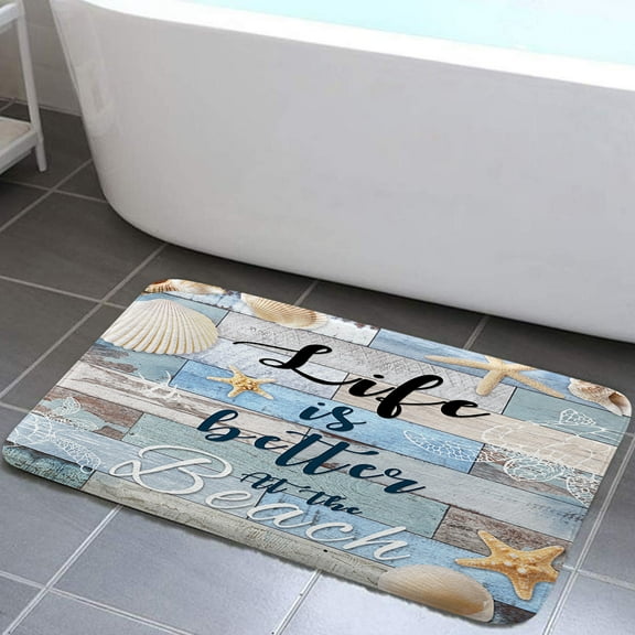 Beach Bath Rugs for Bathroom, Starfish Seashell Sea Turtle Bathroom Rug Bath Mat Set Floor Mats Doormat, 17X29in, Rustic Vintage Wood Ocean Quote Words Nautical Coastal Bathroom Accessories