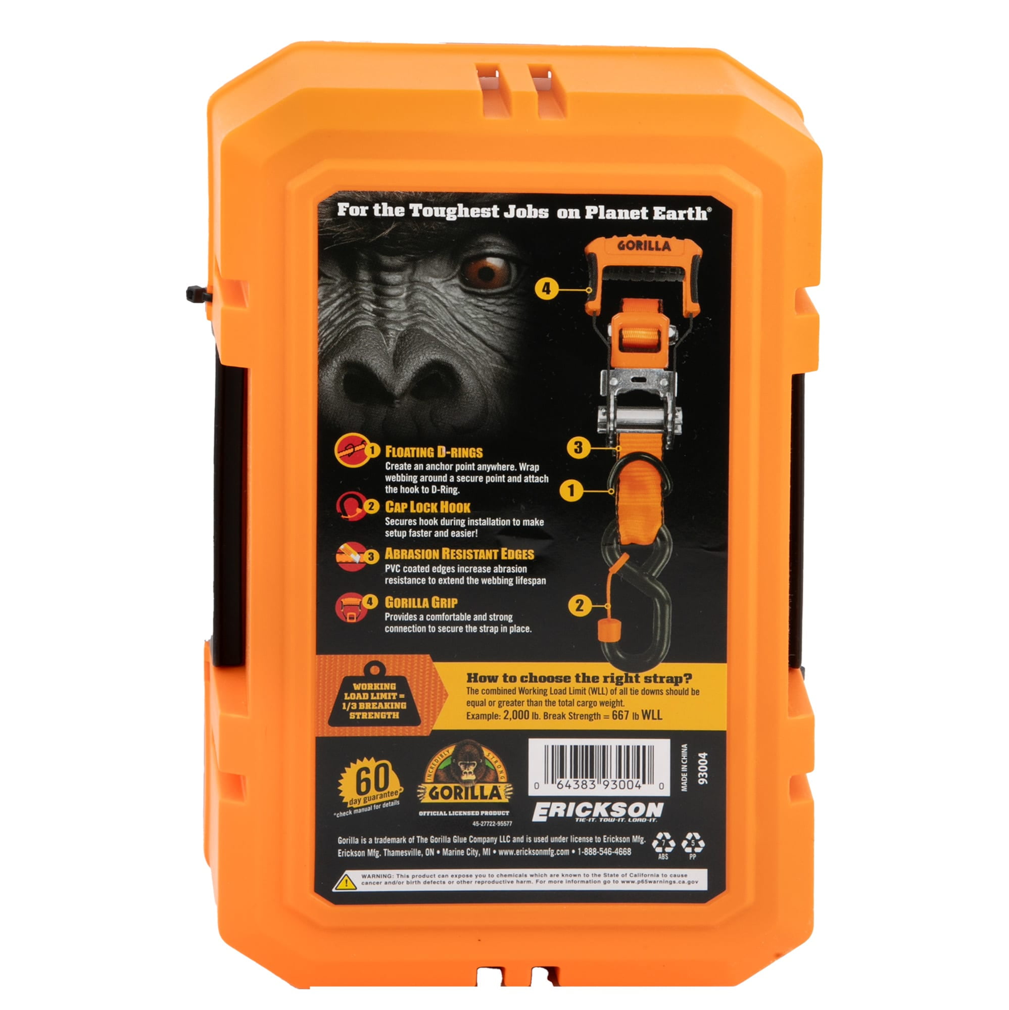 Gorilla 2 Pk 1.5" X 14' Ratchet Strap W/ Orange Gorilla Grip Handle W/ Cap Locks W/ Floating "D" Rings (Orange Webbing)