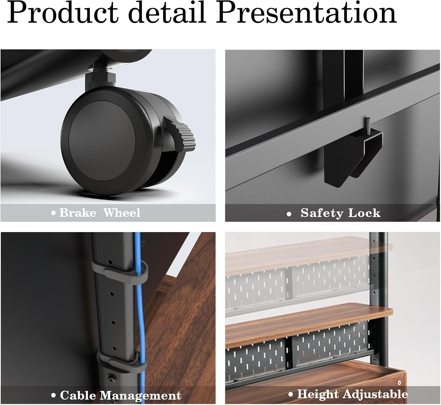 FITUEYES Rolling TV Stand for 70–100 Inch TVs, Black & Walnut, Wood Shelf & Pegboard