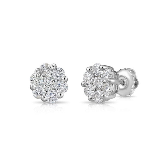 Tilo Jewelry 14K Solid White Gold Real Natural Diamond Flower Cluster Earrings with Secure Screwbacks | 1ct | for Women, Men, Unisex