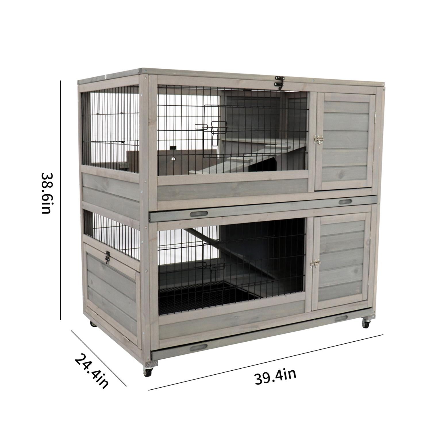 Pefilos 39" Wooden Rabbit Cage with Ramp, Small Animals Habitat, Weatherproof Roof and Removable Tray, Universal Wheel, Gray Pefilos 39" Wooden Rabbit Cage with Ramp, Small Animals Habitat, Weatherproof Roof and Removable Tray, Universal Wheel, Gray