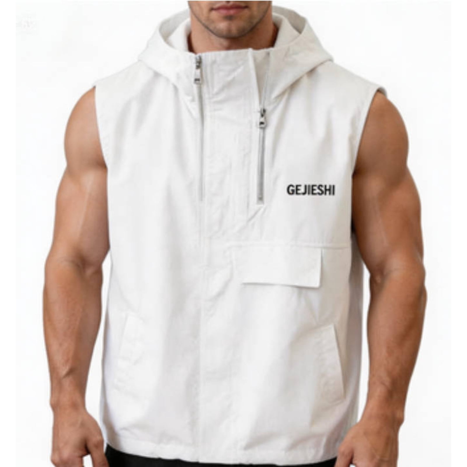 Men's Cycling Running Vest Sleeveless Jacket Windbreakers with Hood - Windproof, Breathable,Loose Big and Tall Size M-4XL White