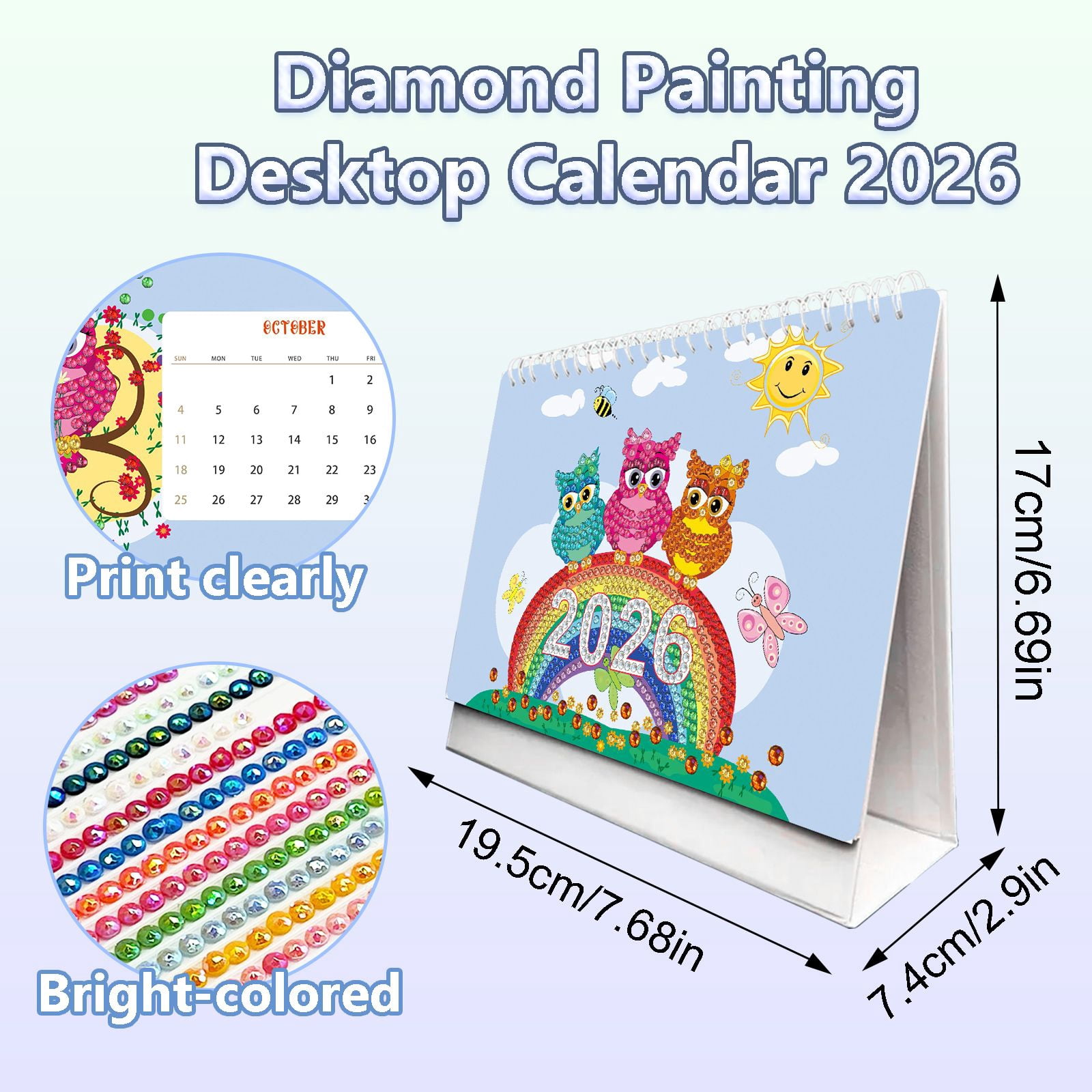 FLOPESN 2026 Desk Calendar DIY Diamond Painting Craft Kit, 7.68*6.69 in Paper Calendar with Special Drills for Home Office Decor-Colorful Owl