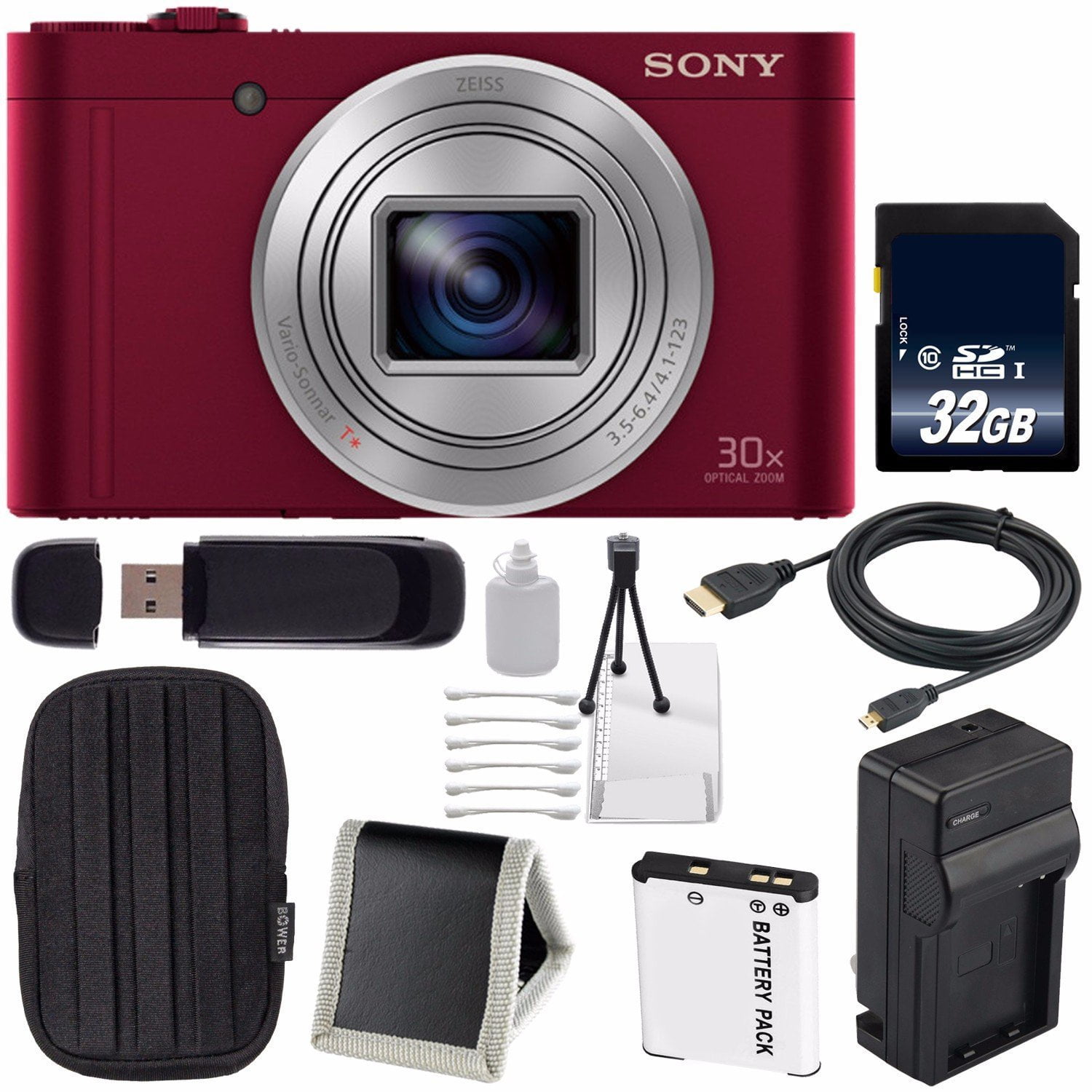 Sony Cybershot DSCWX500 Digital Camera International Model (Red) + 32GB microSD Card + Memory