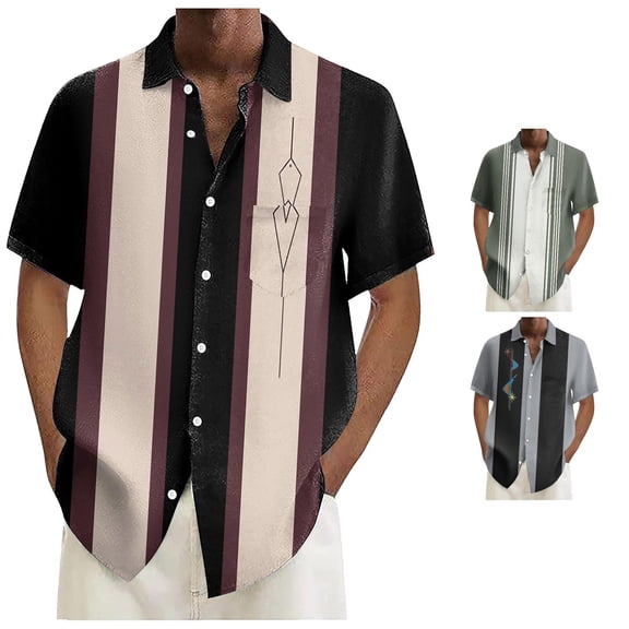 Mens Bowling Shirts 1950s Casual Short Sleeve Button Up Contrast Shirt Summer Color Block Cuban Shirts Black XXL