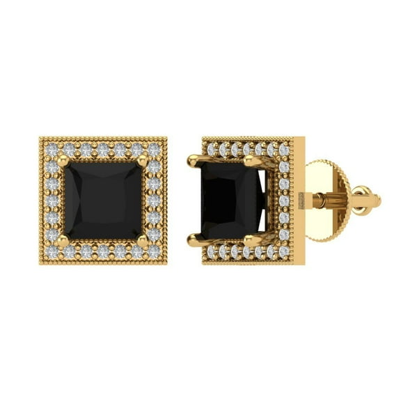 2.24 ct Screw-Back Stud Earrings for Women | 5.5mm Princess Cut Natural Onyx | 18K Yellow Gold