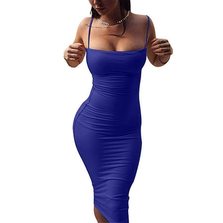 Women's Sexy Spaghetti Strap Sleeveless Bodycon Midi Club Dress