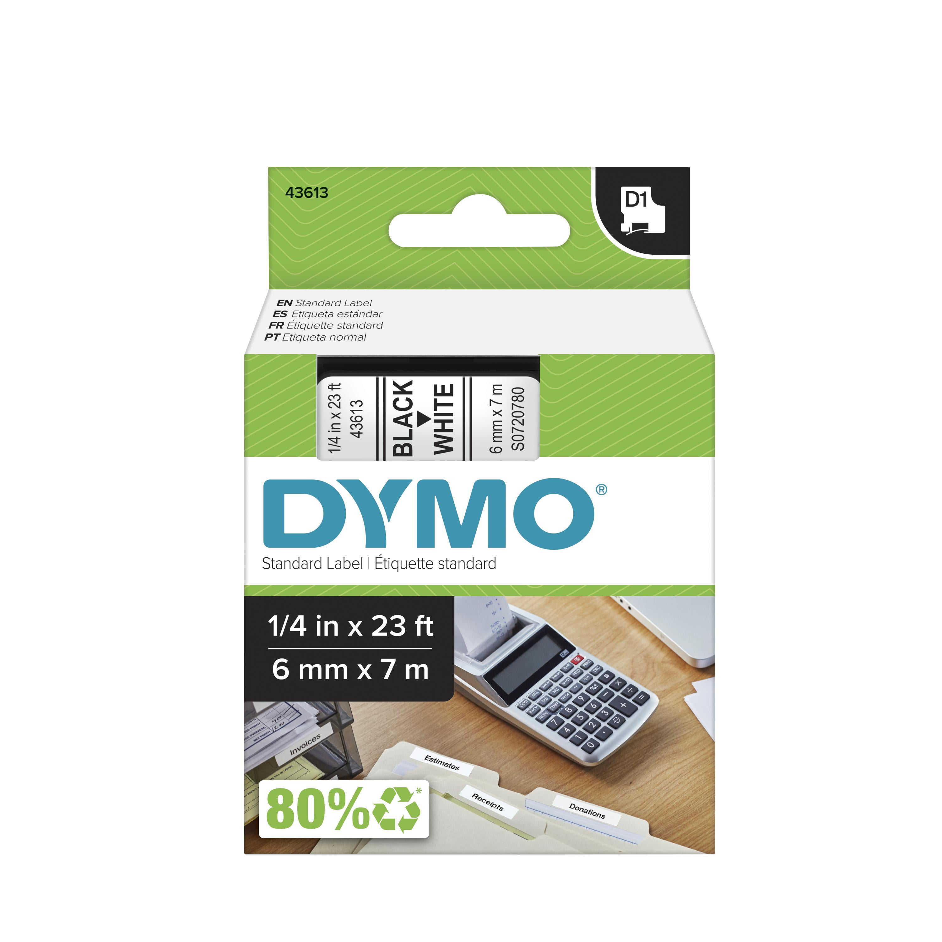 4PK 43613 Black on White Label Tape for DYMO D1 LabelManager 220P 260P 6mm 1/4" 