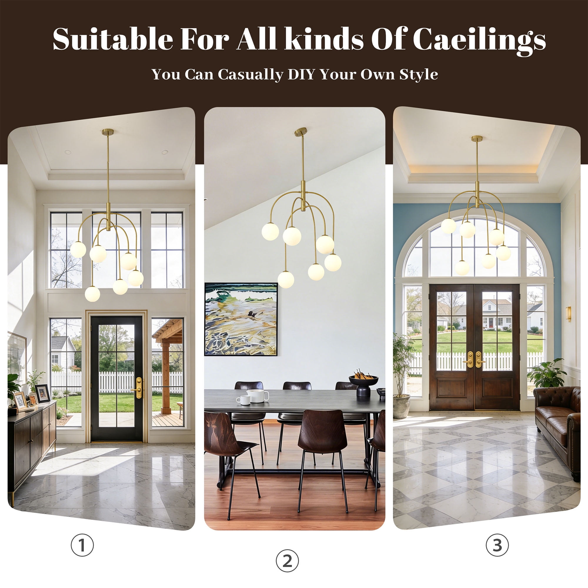 6-Light Gold Sputnik Chandelier,Mid Century Modern Chandelier with Milk Glass Shades,Large Pendant Light Fixture for Dining Room Kitchen Island