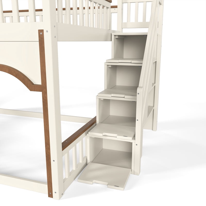 Full-Over-Full Wood Storage Bed Frame with Staircase & Small Bookshelf, Kids House Bunk Bed with Window, Eave & Door