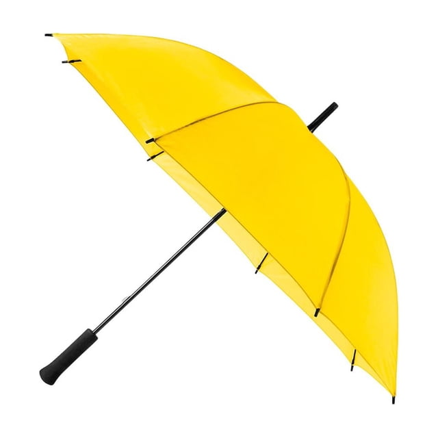 paraguas automático con marco de fibra de vidrio-ranzen amarillo 92 paraguas amarillo de 8 paneles con mango de esponja y varillas de fibra de vidrio; 92 cm de diámetro, apertura manual, tela de poliéster, área de serigrafía 22 x 12 cm, ideal para eventos promocionales y como regalo para eventos.