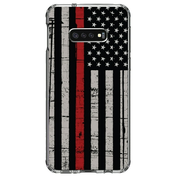 DistinctInk Clear Shockproof Hybrid Case for Samsung Galaxy S10e (5.8" Screen) - TPU Bumper, Acrylic Back, Tempered Glass Screen Protector - Weathered Thin Red Line US Flag - First Responders