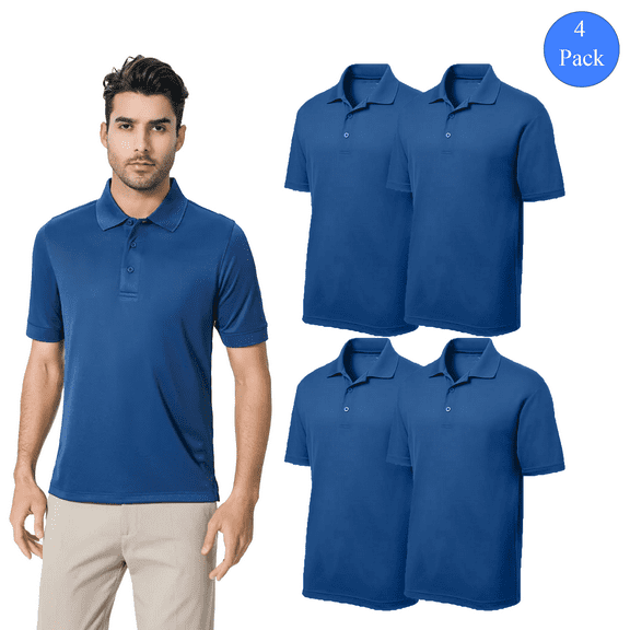 Zfeel Men's Mesh Collared Poly Short Sleeve Polo T-Shirt, Comfortable Pique Tee, True Navy, Pack of 4, S