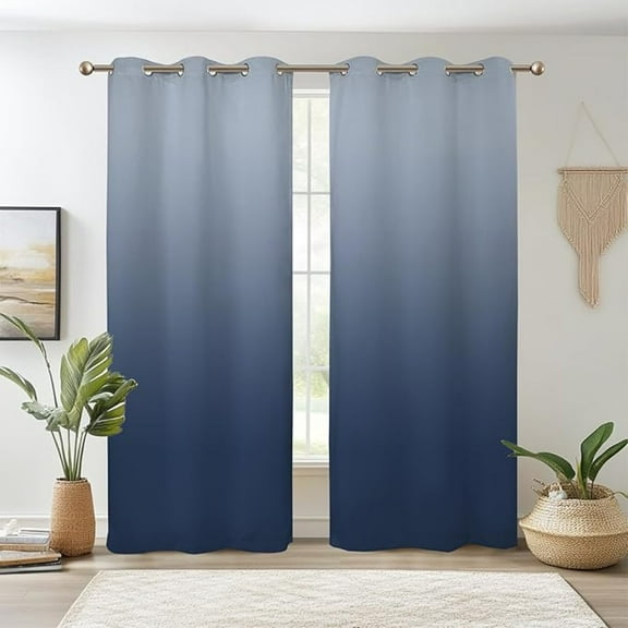 Navy Blue Ombre Blackout Curtains, Gradient Room Darkening Thermal Insulated Window Curtain For Bedroom Grommet Top Window Curtain & Drapes 42"W x 96"L (Pack of 2)
