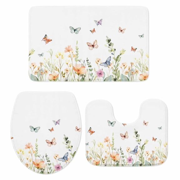 Spring Floral Bath Mat 3 Piece Bathroom Rug Set, Butterfly Summer Botanical Watercolor Non Slip Bath Rug Contour Mat and Toilet Lid Cover, Absorbent Shower Mats Soft Bath Rugs and Mats Sets