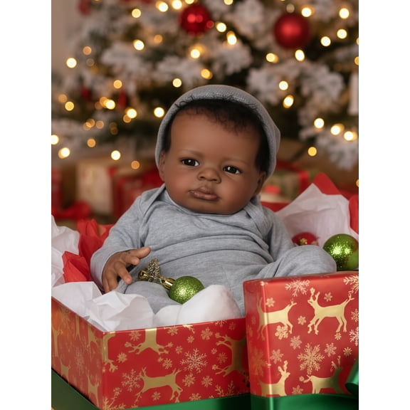 20 Inch Reborn Baby Doll Black Doll, Lifelike Baby Doll with Soft Cloth Body, Hand Rooted Curly Hair, Realistic African American Doll Toy for Kids Age 3