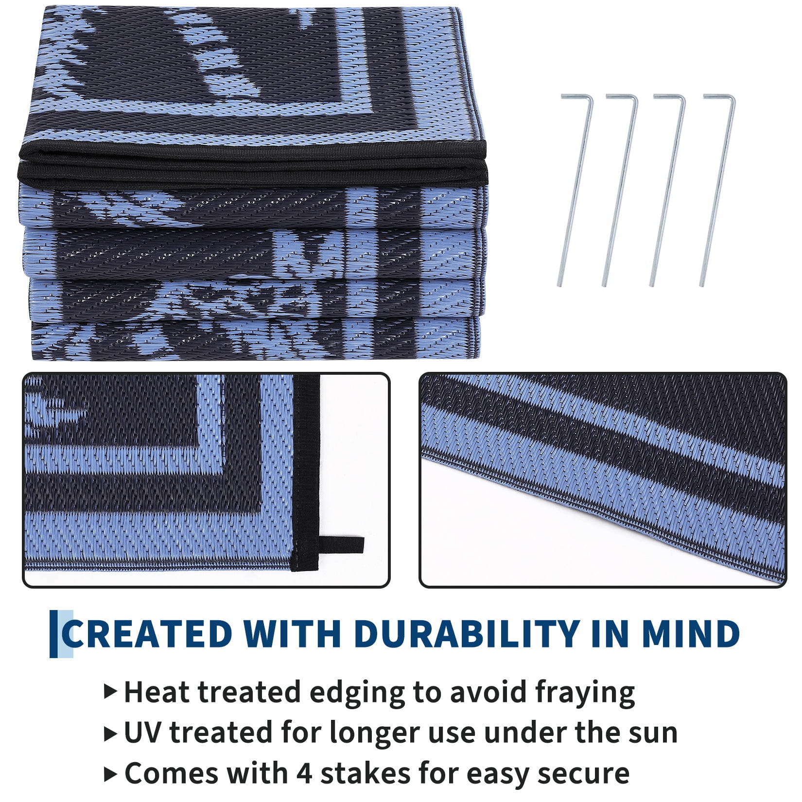 Garvee Outdoor Rug 8x10ft Waterproof Reversible Foldable Plastic Straw Rug, Tropical Leaf Border Outdoor Mat for Patio, Camping, RV, Deck, Porch, Balcony, Blue