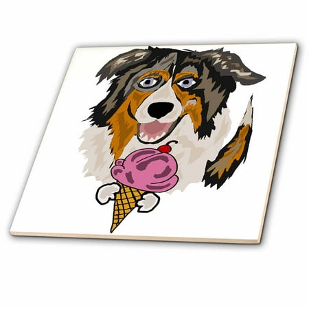 Dog Eating Ice Cream 3dRose Funny Cute Australian Shepherd Dog Eating Ice Cream Cone - Ceramic Tile, 4-inch ()