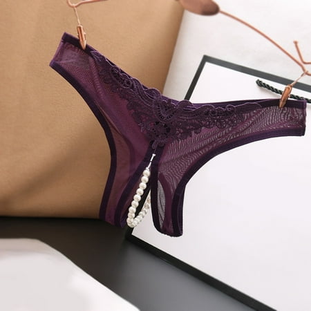 Women Sexy Underwear Lace Open Cut Pearl Massage Hollow Low Waist Triangle G String Pants Microfiber Panties